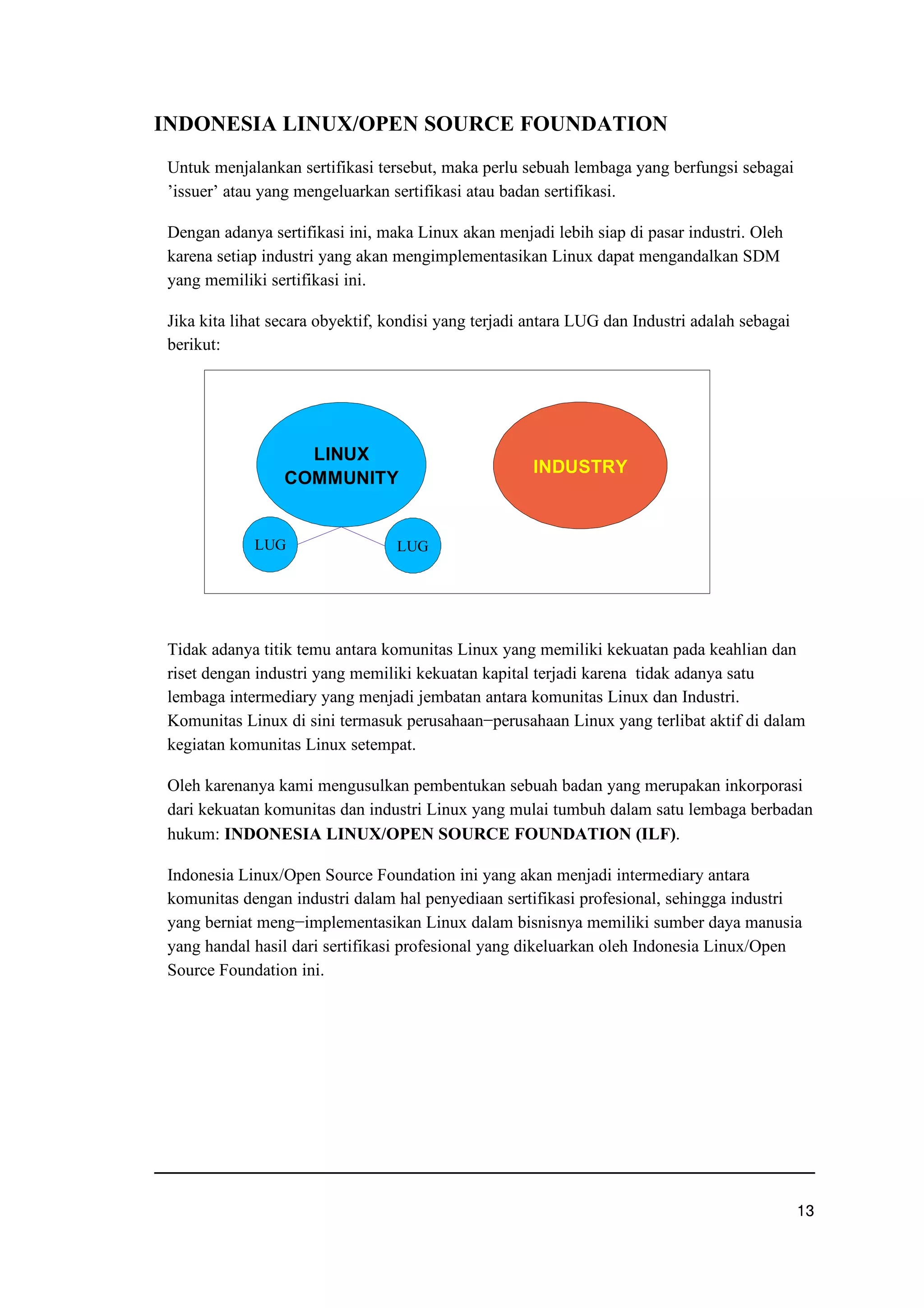 INDONESIA LINUX/OPEN SOURCE FOUNDATION
Untuk menjalankan sertifikasi tersebut, maka perlu sebuah lembaga yang berfungsi sebagai
’issuer’ atau yang mengeluarkan sertifikasi atau badan sertifikasi.
Dengan adanya sertifikasi ini, maka Linux akan menjadi lebih siap di pasar industri. Oleh
karena setiap industri yang akan mengimplementasikan Linux dapat mengandalkan SDM
yang memiliki sertifikasi ini.
Jika kita lihat secara obyektif, kondisi yang terjadi antara LUG dan Industri adalah sebagai
berikut:
Tidak adanya titik temu antara komunitas Linux yang memiliki kekuatan pada keahlian dan
riset dengan industri yang memiliki kekuatan kapital terjadi karena tidak adanya satu
lembaga intermediary yang menjadi jembatan antara komunitas Linux dan Industri.
Komunitas Linux di sini termasuk perusahaan−perusahaan Linux yang terlibat aktif di dalam
kegiatan komunitas Linux setempat.
Oleh karenanya kami mengusulkan pembentukan sebuah badan yang merupakan inkorporasi
dari kekuatan komunitas dan industri Linux yang mulai tumbuh dalam satu lembaga berbadan
hukum: INDONESIA LINUX/OPEN SOURCE FOUNDATION (ILF).
Indonesia Linux/Open Source Foundation ini yang akan menjadi intermediary antara
komunitas dengan industri dalam hal penyediaan sertifikasi profesional, sehingga industri
yang berniat meng−implementasikan Linux dalam bisnisnya memiliki sumber daya manusia
yang handal hasil dari sertifikasi profesional yang dikeluarkan oleh Indonesia Linux/Open
Source Foundation ini.
u h
LINUX
COMMUNITY
INDUSTRY
LUG LUG
 