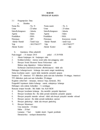 BAB III
TINJAUAN KASUS
3.1 Pengumpulan Data
a. Identitas
Nama Ibu : Ny. N Nama suami : Tn. A
Umur : 22 tahun Umur : 25 tahun
Suku/Kebangsaan : Jakarta Suku/Kebangsaan : Jakarta
Agama : Islam Agama : Islam
Pendidikan : SMA Pendidikan : SMA
Pekerjaan : IRT Pekerjaan :Karyawan swasta
Alamat Rumah : Tanah koja Alamat Rumah : tanah koja
Telp : 081578653** Telp : 081578653**
Alamat Kantor : - Alamat Kantor : slipi
b. Anamnesa (Data subjektif)
Pada tanggal : 31 Januari 2014 pukul : 15.30 WIB
1. Alasan kunjungan ini : kunjungan rutin
2. Keluhan-keluhan : merasa sesak nafas dan punggung sakit
3. Riwayat Sosial Ekonomi Stasus Perkawinan : sah
Bahasa yang digunakan : bahasa Indonesia
Kebiasaan (merokok,konsumsi alkohol,napza) : tidak ada
Dukungan keluarga/suami : keluarga dan suami sangat mendukung
Status kesehatan suami : suami tidak menderita penyakit apapun
Imunisasi TT : imunisasi TT1 dilakukan pada saat usia kehamilan 16 minggu, imunisasi
TT2 dilakukan pada saat usia kehamilan 20 minggu
Kegiatan sehari-hari : menyapu, mencuci baju, memasak, DLL
Pengambil keputusan dalam keluarga : suami, selanjutnya keluarga
Hubungan seks selama kehamilan : 1 x seminggu
Rencana tempat bersalin : Bd. Suliah Am. Keb SKM
4. Riwayat kesehatan keluarga : ibu memiliki penyakit hipertensi
5. Riwayat kesehatan ibu : ibu tidak pernah menderita penyakit apapun
6. Riwayat penyakit menular seksual : tidak ada riwayat penyakit menular seksual
7. Riwayat operasi : ibu tidak pernah melakukan operasi
8. Riwayat ginekologi : tidak ada riwayat ginekolog
9. Riwayat Menstruasi
Usia menarche : 14 tahun
Siklus : 28 hari
Lamanya : 7 hari Jumlah darah : 3xganti pembalut
Dismenorhea : terdapat dismenorhea
 
