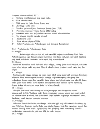 Pelayanan standar minimal, 10 T :
a) Timbang berat badan dan ukur tinggi badan
b) Ukur tekanan darah
c) Nilai status gizi ( ukur lingkar lengan atas )
d) Ukur tinggi fundus uteri
e) Tentukan presentasi janin dan denyut jantung janin ( DJJ )
f) Pemberian imunisasi Tetanus Toxoid (TT) lengkap
g) Pemberian tablet besi (Fe) minimal 90 tablet selama masa kehamilan
h) Tes terhadap penyakit menular seksual
i) Tatalaksana kasus
j) Temu wicara (ai yeyeh,2009)
2.4 Tahap Perubahan dan Perkembangan hasil konsepsi, dan maternal
2.4.1 Perubahan dan Perkembangan Janin
0-4 Minggu
Pada minggu-minggu awal ini, janin memiliki panjang tubuh kurang lebih 2 mm.
Perkembangannya juga ditandai dengan munculnya cikal bakal otak, sum sum tulanh belakang
yang masih sederhana, dan tanda- tanda wajah yang akan terbentuk.
4-8 Minggu
Ketika usia kehamilan mulai mencapai usia 4 minggu, jantung janin mulai berdetak, dan semua
organ tubuh lainnya mulai terbentuk. Muncul tulangh-tulang belakang wajah, mata, kaki dan
tangan.
8-12 Minggu
Saat memasuki minggu-minggu ini, organ-organ tubuh utama janin telah terbentuk. Kepalanya
berukuran lebih besar daripada badannya, sehingga dapat menampung otak yang terus
berkembang dengan pesat. Dan memilliki dagu, hidung, dan kelopak mata yang jelas. Di dalam
rahim, janin mulai diliputi cairan ketuban dan dapt melakukan aktifitas seperti menendang
dengan lembut. Organ-organ utama janin kini telah terbentuk.
12-16 Minggu
Paru-paru janin mulai berkembang dan detak jantungnya apat didengarkan melalui
ultrasonografi (USG). Wajahnya mulai dapat menunjukan ekspresi tertentu dan mulai tumbuh
alis dan bulu mata. Kemudia janin sudah mulai dapat memutar kepalanya dan membuka mulut.
Rambutnay muali tumbuh kasar dan berwarna.
16-20 Minggu
Janin mulai bereaksi terhadap suara ibunya. Akar-akar gigi tetap telah muncul dibelakang gigi
susu. Tubuhnya ditumbuhi rambut halus yang disebut lanugo. Janin bisa menghisap jempol dan
bereaksi terhadap suara ibunya. Ujung-ujung indra pengecap mulai berkembang dan bisa
membedakan rasa manis dan pahit dan sidik jari mulai tampak.
20-24 Minggu
 