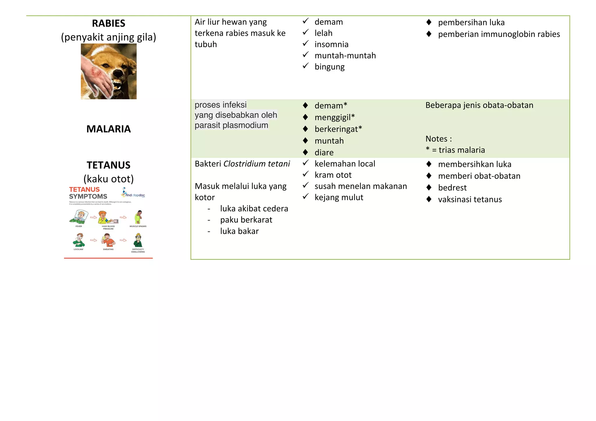 RABIES	
(penyakit	anjing	gila)	
	
Air	liur	hewan	yang	
terkena	rabies	masuk	ke	
tubuh		
ü demam	
ü lelah	
ü insomnia	
ü muntah-muntah	
ü bingung	
	
♦ pembersihan	luka	
♦ pemberian	immunoglobin	rabies	
MALARIA	
proses infeksi
yang disebabkan oleh
parasit plasmodium
	
♦ demam*	
♦ menggigil*	
♦ berkeringat*	
♦ muntah	
♦ diare	
Beberapa	jenis	obata-obatan	
	
	
Notes	:		
*	=	trias	malaria	
TETANUS	
(kaku	otot)	
	
Bakteri	Clostridium	tetani	
	
Masuk	melalui	luka	yang	
kotor		
- luka	akibat	cedera	
- paku	berkarat	
- luka	bakar	
ü kelemahan	local	
ü kram	otot	
ü susah	menelan	makanan	
ü kejang	mulut	
♦ membersihkan	luka	
♦ memberi	obat-obatan	
♦ bedrest	
♦ vaksinasi	tetanus	
	
 