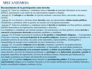 Reconocimiento de la participación como derecho
Artículo 62. Todos los ciudadanos y ciudadanas tienen el derecho de participar libremente en los asuntos
públicos, directamente o por medio de sus representantes elegidos o elegidas.
Artículo 63. El sufragio es un derecho. Se ejercerá mediante votaciones libres, universales, directas y
secretas.
Artículo 66. Los electores y electoras tienen derecho a que sus representantes rindan cuentas públicas,
transparentes y periódicas sobre su gestión, de acuerdo con el programa presentado.
Artículo 67. Todos los ciudadanos y ciudadanas tienen el derecho de asociarse con fines políticos, mediante
métodos democráticos de organización, funcionamiento y dirección. ...
Los ciudadanos y ciudadanas, por iniciativa propia, y las asociaciones con fines políticos, tienen derecho a
concurrir a los procesos electorales postulando candidatos o candidatas.
Artículo 119. El Estado reconocerá la existencia de los pueblos y comunidades indígenas, ... Corresponderá
al Ejecutivo Nacional, con la participación de los pueblos indígenas, demarcar y garantizar el derecho a la
propiedad colectiva de sus tierras, las cuales serán inalienables, imprescriptibles, inembargables e
intransferibles de acuerdo con lo establecido en esta Constitución y en la ley.
Artículo 123. Los pueblos indígenas tienen derecho a mantener y promover sus propias prácticas
económicas basadas en la reciprocidad, la solidaridad y el intercambio; sus actividades productivas
tradicionales, su participación en la economía nacional y a definir sus prioridades. Los pueblos indígenas
tienen derecho a servicios de formación profesional y a participar en la elaboración, ejecución y gestión de
programas específicos de capacitación, servicios de asistencia técnica y financiera que fortalezcan sus
actividades económicas en el marco del desarrollo local sustentable.
Artículo 125. Los pueblos indígenas tienen derecho a la participación política. El Estado garantizará la
representación indígena en la Asamblea Nacional y en los cuerpos deliberantes de las entidades federales y
locales con población indígena, conforme a la ley.
 