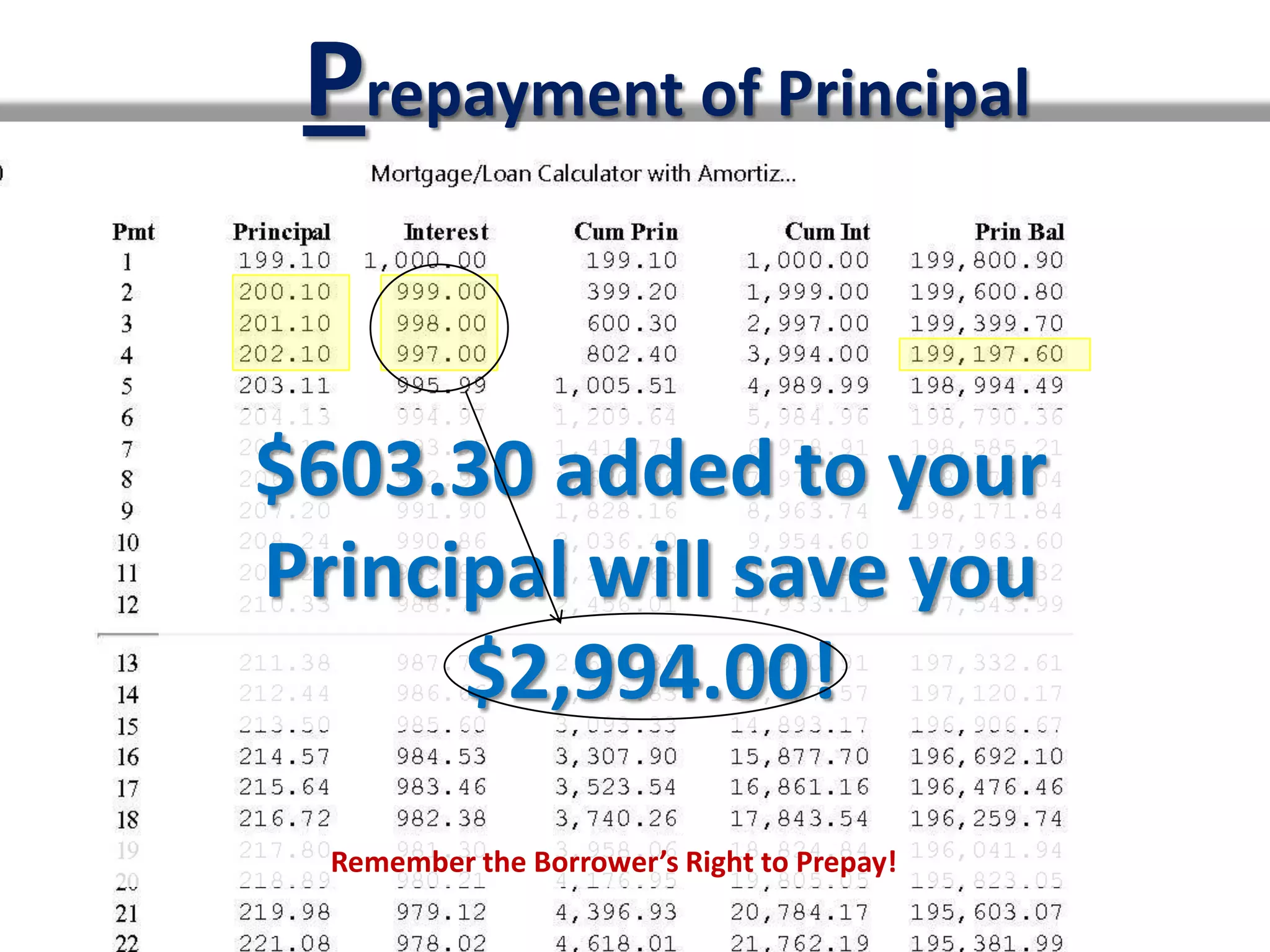Prepayment of Principal


$603.30 added to your
Principal will save you
      $2,994.00!

  Remember the Borrower’s Right to Prepay!
 