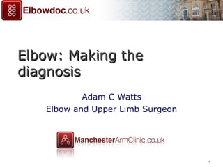1
Elbow: Making theElbow: Making the
diagnosisdiagnosis
Adam C Watts
Elbow and Upper Limb Surgeon
 