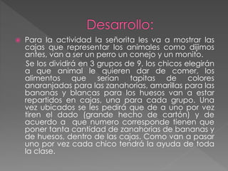  Para la actividad la señorita les va a mostrar las
cajas que representar los animales como dijimos
antes, van a ser un perro un conejo y un monito.
Se los dividirá en 3 grupos de 9, los chicos elegirán
a que animal le quieren dar de comer, los
alimentos que serían tapitas de colores
anaranjadas para las zanahorias, amarillas para las
bananas y blancas para los huesos van a estar
repartidos en cajas, una para cada grupo. Una
vez ubicados se les pedirá que de a uno por vez
tiren el dado (grande hecho de cartón) y de
acuerdo a que numero corresponde tienen que
poner tanta cantidad de zanahorias de bananas y
de huesos, dentro de las cajas. Como van a pasar
uno por vez cada chico tendrá la ayuda de toda
la clase.
 