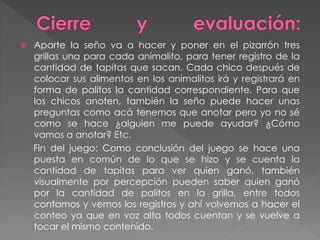  Aparte la seño va a hacer y poner en el pizarrón tres
grillas una para cada animalito, para tener registro de la
cantidad de tapitas que sacan. Cada chico después de
colocar sus alimentos en los animalitos irá y registrará en
forma de palitos la cantidad correspondiente. Para que
los chicos anoten, también la seño puede hacer unas
preguntas como acá tenemos que anotar pero yo no sé
como se hace ¿alguien me puede ayudar? ¿Cómo
vamos a anotar? Etc.
Fin del juego: Como conclusión del juego se hace una
puesta en común de lo que se hizo y se cuenta la
cantidad de tapitas para ver quien ganó, también
visualmente por percepción pueden saber quien ganó
por la cantidad de palitos en la grilla, entre todos
contamos y vemos los registros y ahí volvemos a hacer el
conteo ya que en voz alta todos cuentan y se vuelve a
tocar el mismo contenido.
 