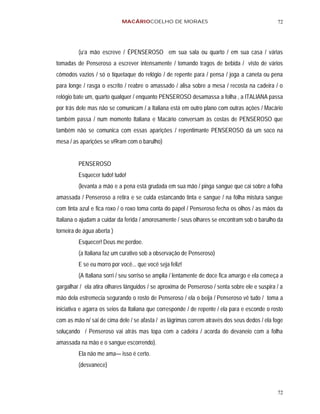 MACÁRIOCOELHO DE MORAES                                            72




         (u’a mão escreve / ÉPENSEROSO em sua sala ou quarto / em sua casa / várias
tomadas de Penseroso a escrever intensamente / tomando tragos de bebida / visto de vários
cômodos vazios / só o tiquetaque do relógio / de repente para / pensa / joga a caneta ou pena
para longe / rasga o escrito / reabre o amassado / alisa sobre a mesa / recosta na cadeira / o
relógio bate um, quarto qualquer / enquanto PENSEROSO desamassa a folha , a ITALIANA passa
por trás dele mas não se comunicam / a Italiana está em outro plano com outras ações / Macário
também passa / num momento Italiana e Macário conversam às costas de PENSEROSO que
também não se comunica com essas aparições / repentimante PENSEROSO dá um soco na
mesa / as aparições se vi9ram com o barulho)


         PENSEROSO
         Esquecer tudo! tudo!
         (levanta a mão e a pena está grudada em sua mão / pinga sangue que cai sobre a folha
amassada / Penseroso a retira e se cuida estancando tinta e sangue / na folha mistura sangue
com tinta azul e fica roxo / o roxo toma conta do papel / Penseroso fecha os olhos / as mãos da
Italiana o ajudam a cuidar da ferida / amorosamente / seus olhares se encontram sob o barulho da
torneira de água aberta )
         Esquecer! Deus me perdoe.
         (a Italiana faz um curativo sob a observação de Penseroso)
         E se eu morro por você... que você seja feliz!
         (A Italiana sorri / seu sorriso se amplia / lentamente de doce fica amargo e ela começa a
gargalhar / ela atira olhares lânguidos / se aproxima de Penseroso / senta sobre ele e suspira / a
mão dela estremecia segurando o rosto de Penseroso / ela o beija / Penseroso vê tudo / toma a
iniciativa e agarra os seios da Italiana que corresponde / de repente / ela para e esconde o rosto
com as mão n/ sai de cima dele / se afasta / as lágrimas correm através dos seus dedos / ela foge
soluçando / Penseroso vai atrás mas topa com a cadeira / acorda do devaneio com a folha
amassada na mão e o sangue escorrendo).
         Ela não me ama— isso é certo.
         (desvanece)



                                                                                               72
 