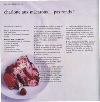 LE S I R Rl sl ST I BL E S




charlotte aux macarons ... pas ronds !

PRlPARATlON: 30 MINUTES                    1 Pour la mousse, ramollir la gélatine        7 Couler une première couche de
                                           dans l'eau f roide pendant 1minute.           mousse aux framboises, puis alterner
environ 50 demi-COQues de macarons                                                       coques de macarons et mousse en
rose. blanc. violet                        Z Chauffer à leu doux la moitié du
                                                                                         créan t des couches successives, pour
1moul e à charlotte ou un rupperware       coulis de f ramboises. Y dissoudre la
                                                                                         enfin terminer la base de la charlotte
profond                                    gélat ine égouttée et ajou ter le reste du
                                                                                         avec les macarons restants. Réf rigérer
                                           coulis hor s du feu en mélangeant bien.
 MOUSS E AUX FRAMBOISE S                                                                 2 heures au minimum.
                                           Laisser ref roidir à temp ératu re
125 g de purée ou couus de frambois es     ambiante.                                     8 Pour démouler la charlotte, trempe r
.<1 feuilles de gélatine
                                                                                         le moule Quelques secondes dans une
25 cl de crème liquide                     3 Mont er les blancs en neige, ajouter
                                                                                         casserole remplie d'eau bouillan te.
2 blancs d'œu1s                            le sucre sans cesser de bat tre jusqu'à
                                                                                         Retourner la charlotte sur le plat de
75 g de sucre en poudre                    l'obtention d'une meringue ferme.
                                                                                         service. Décorer avec les framboises
12S c de framboises fr aîches
                                           4 Parallèlement, monter la crème              tretcnes.
                                           liqui de en chant illy.
                                            5 À l'aide d'une spatule en silicone,
                                            incorporer délicatement le coulis
                                            refr oidi à la chantilly el, errtin. de la
                                         ." même manière, la meringue.
                                                 6       Monter la charlotte: tapisser
                                                     le fond et les bords du moure
                                                     avec les plus jolies coques de
                                                       macarons en intercalan t les
                                                       couleurs. Répéter cett e étape
                                                       pour le fond de la charlotte
                                                        de manière à la solidif ier
                                                        et à empr isonner la mousse.
 