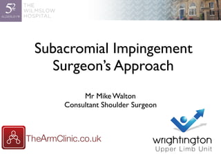 Subacromial Impingement
Surgeon’s Approach
Mr Mike Walton
Consultant Shoulder Surgeon
 