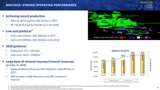 KLGOLD.COM
TSX:KL
NYSE:KL
ASX:KLA
MACASSA: STRONG OPERATING PERFORMANCE
 Achieving record production
• 409.1 kt @ 15.2 g/t for 194,237 ozs in 2017
• 86.7 kt @ 19.9 g/t for 54,038 ozs in Q1 2018
 Low-cost producer1
• Cash costs $523/oz, AISC $845/oz in 2017
• Cash costs $499/oz, AISC $818/oz in Q1 2018
 Large base of mineral reserves/mineral resources
(as at Dec. 31, 2016)3
• Replaced Mineral Reserves after depletion of @190 kozs in
2017
• 58% increase in M&I Resources and 48% increase in
Inferred
 2018 guidance:
• Production: 215 – 225 kozs
• Cash costs: $475 – $500/oz
2
1) See the Company’s MD&A for the three months ended March 31, 2018 and the three and twelve months ended December 31, 2017 for more information on Macassa’s operating performance. (See Slide 2 for information regarding Non-IFRS measures)
2) Operating Cash Costs per ounce 2018 guidance reflects an average USD to CAD exchange rate of 1.2648
3) See slides entitled Footnotes to Mineral Reserve and Mineral Resource Estimates and NI 43-101 Disclosures provided in the Appendix of this presentation
10
Q1 Q2 Q3 Q4PLANNED 2018 STOPE PRODUCTION
 