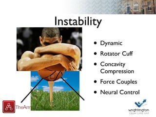 Instability
• Dynamic
• Rotator Cuff
• Concavity
Compression
• Force Couples
• Neural Control
 