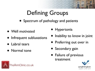 Deﬁning Groups
• Hypertonia
• Inability to know in joint
• Preferring out over in
• Secondary gain
• Failure of previous
treatment
• Spectrum of pathology and patients
• Well motivated
• Infrequent subluxations
• Labral tears
• Normal tone
 
