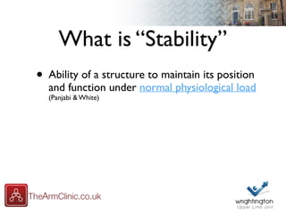 What is “Stability”
• Ability of a structure to maintain its position
and function under normal physiological load
(Panjabi & White)
 