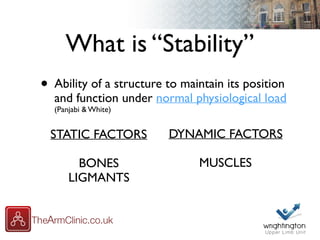 What is “Stability”
• Ability of a structure to maintain its position
and function under normal physiological load
(Panjabi & White)
STATIC FACTORS
BONES
LIGMANTS
DYNAMIC FACTORS
MUSCLES
 
