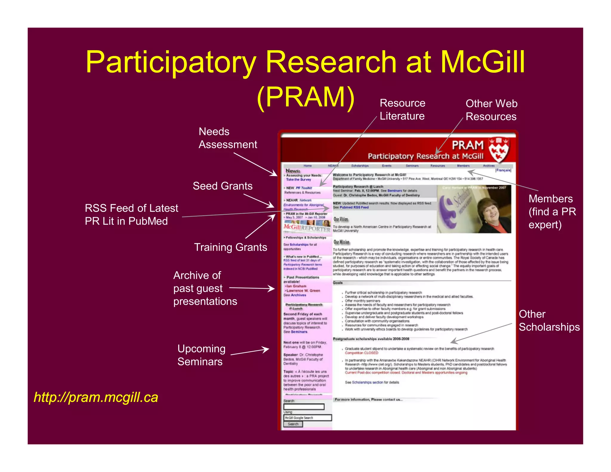 Participatory Research at McGill
(PRAM)
http://pram.mcgill.cahttp://pram.mcgill.ca
Needs
Assessment
Seed Grants
Training Grants
Resource
Literature
Other
Scholarships
Archive of
past guest
presentations
Upcoming
Seminars
Other Web
Resources
RSS Feed of Latest
PR Lit in PubMed
Members
(find a PR
expert)
 