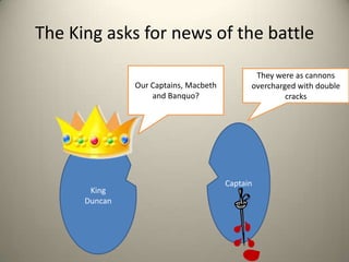 The King asks for news of the battleOur Captains, Macbeth and Banquo? They were as cannons overcharged with double cracksCaptain KingDuncan