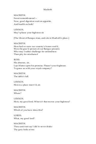 Macbeth
MACBETH.
Sweet remembrancer!—
Now, good digestion wait on appetite,
And health on both!
LENNOX.
May’t please your highness sit.
[The Ghost of Banquo rises, and sits in Macbeth’s place.]
MACBETH.
Here had we now our country’s honor roof’d,
Were the grac’d person of our Banquo present;
Who may I rather challenge for unkindness
Than pity for mischance!
ROSS.
His absence, sir,
Lays blame upon his promise. Please’t your highness
To grace us with your royal company?
MACBETH.
The table’s full.
LENNOX.
Here is a place reserv’d, sir.
MACBETH.
Where?
LENNOX.
Here, my good lord. What is’t that moves your highness?
MACBETH.
Which of you have done this?
LORDS.
What, my good lord?
MACBETH.
Thou canst not say I did it: never shake
Thy gory locks at me.
 