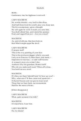 Macbeth
ROSS.
Gentlemen, rise; his highness is not well.
LADY MACBETH.
Sit, worthy friends:—my lord is often thus,
And hath been from his youth: pray you, keep seat;
The fit is momentary; upon a thought
He will again be well: if much you note him,
You shall offend him, and extend his passion:
Feed, and regard him not.—Are you a man?
MACBETH.
Ay, and a bold one, that dare look on
that Which might appal the devil.
LADY MACBETH.
O proper stuff!
This is the very painting of your fear:
This is the air-drawn dagger which, you said,
Led you to Duncan. O, these flaws, and starts,—
Impostors to true fear,—would well become
A woman’s story at a winter’s fire,
Authoriz’d by her grandam. Shame itself!
Why do you make such faces? When all’s done,
You look but on a stool.
MACBETH.
Pr’ythee, see there! behold! look! lo! how say you?—
Why, what care I? If thou canst nod, speak too.—
If charnel houses and our graves must send
Those that we bury back, our monuments
Shall be the maws of kites.
[Ghost disappears.]
LADY MACBETH.
What, quite unmann’d in folly?
MACBETH.
If I stand here, I saw him.
LADY MACBETH.
Fie, for shame!
 