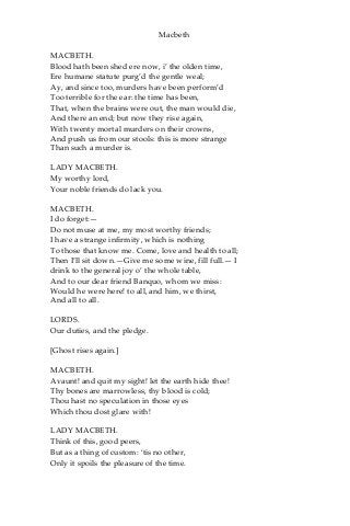 Macbeth
MACBETH.
Blood hath been shed ere now, i’ the olden time,
Ere humane statute purg’d the gentle weal;
Ay, and since too, murders have been perform’d
Too terrible for the ear: the time has been,
That, when the brains were out, the man would die,
And there an end; but now they rise again,
With twenty mortal murders on their crowns,
And push us from our stools: this is more strange
Than such a murder is.
LADY MACBETH.
My worthy lord,
Your noble friends do lack you.
MACBETH.
I do forget:—
Do not muse at me, my most worthy friends;
I have a strange infirmity, which is nothing
To those that know me. Come, love and health to all;
Then I’ll sit down.—Give me some wine, fill full.— I
drink to the general joy o’ the whole table,
And to our dear friend Banquo, whom we miss:
Would he were here! to all, and him, we thirst,
And all to all.
LORDS.
Our duties, and the pledge.
[Ghost rises again.]
MACBETH.
Avaunt! and quit my sight! let the earth hide thee!
Thy bones are marrowless, thy blood is cold;
Thou hast no speculation in those eyes
Which thou dost glare with!
LADY MACBETH.
Think of this, good peers,
But as a thing of custom: ‘tis no other,
Only it spoils the pleasure of the time.
 