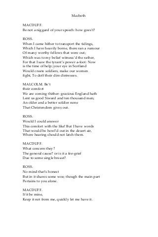 Macbeth
MACDUFF.
Be not a niggard of your speech: how goes’t?
ROSS.
When I came hither to transport the tidings,
Which I have heavily borne, there ran a rumour
Of many worthy fellows that were out;
Which was to my belief witness’d the rather,
For that I saw the tyrant’s power a-foot: Now
is the time of help; your eye in Scotland
Would create soldiers, make our women
fight, To doff their dire distresses.
MALCOLM. Be’t
their comfort
We are coming thither: gracious England hath
Lent us good Siward and ten thousand men;
An older and a better soldier none
That Christendom gives out.
ROSS.
Would I could answer
This comfort with the like! But I have words
That would be howl’d out in the desert air,
Where hearing should not latch them.
MACDUFF.
What concern they?
The general cause? or is it a fee-grief
Due to some single breast?
ROSS.
No mind that’s honest
But in it shares some woe; though the main part
Pertains to you alone.
MACDUFF.
If it be mine,
Keep it not from me, quickly let me have it.
 