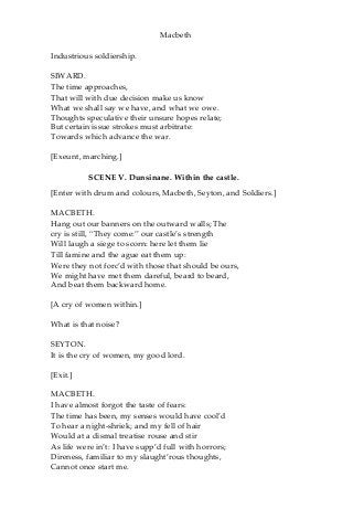 Macbeth
Industrious soldiership.
SIWARD.
The time approaches,
That will with due decision make us know
What we shall say we have, and what we owe.
Thoughts speculative their unsure hopes relate;
But certain issue strokes must arbitrate:
Towards which advance the war.
[Exeunt, marching.]
SCENE V. Dunsinane. Within the castle.
[Enter with drum and colours, Macbeth, Seyton, and Soldiers.]
MACBETH.
Hang out our banners on the outward walls; The
cry is still, “They come:” our castle’s strength
Will laugh a siege to scorn: here let them lie
Till famine and the ague eat them up:
Were they not forc’d with those that should be ours,
We might have met them dareful, beard to beard,
And beat them backward home.
[A cry of women within.]
What is that noise?
SEYTON.
It is the cry of women, my good lord.
[Exit.]
MACBETH.
I have almost forgot the taste of fears:
The time has been, my senses would have cool’d
To hear a night-shriek; and my fell of hair
Would at a dismal treatise rouse and stir
As life were in’t: I have supp’d full with horrors;
Direness, familiar to my slaught’rous thoughts,
Cannot once start me.
 