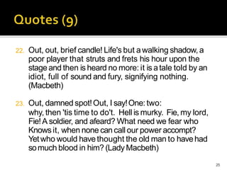 22. Out, out, brief candle! Life's but awalking shadow, a
poor player that struts and frets his hour upon the
stageand then is heard no more: it is atale told by an
idiot, full of sound and fury, signifying nothing.
(Macbeth)
23. Out, damned spot!Out, I say!One:two:
why, then 'tis time to do't. Hell is murky. Fie, my lord,
Fie!A soldier, and afeard? What need we fear who
Knowsit, when none can call our power accompt?
Yetwho would havethought the old man to havehad
somuch blood in him? (Lady Macbeth)
25
 