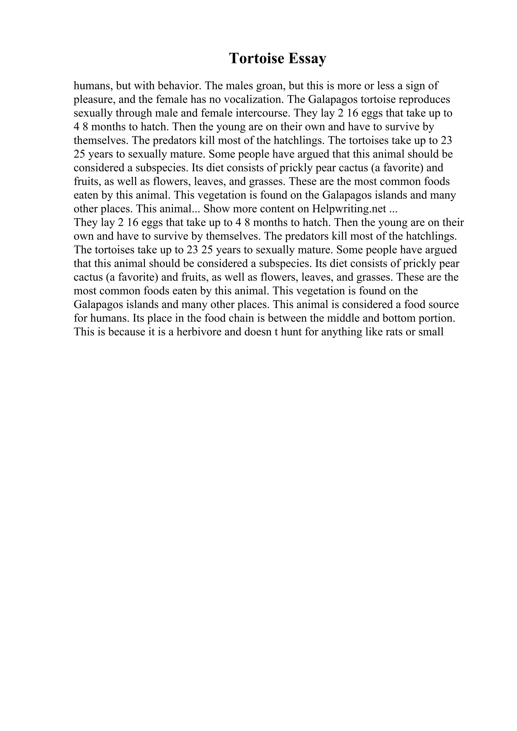 Tortoise Essay
humans, but with behavior. The males groan, but this is more or less a sign of
pleasure, and the female has no vocalization. The Galapagos tortoise reproduces
sexually through male and female intercourse. They lay 2 16 eggs that take up to
4 8 months to hatch. Then the young are on their own and have to survive by
themselves. The predators kill most of the hatchlings. The tortoises take up to 23
25 years to sexually mature. Some people have argued that this animal should be
considered a subspecies. Its diet consists of prickly pear cactus (a favorite) and
fruits, as well as flowers, leaves, and grasses. These are the most common foods
eaten by this animal. This vegetation is found on the Galapagos islands and many
other places. This animal... Show more content on Helpwriting.net ...
They lay 2 16 eggs that take up to 4 8 months to hatch. Then the young are on their
own and have to survive by themselves. The predators kill most of the hatchlings.
The tortoises take up to 23 25 years to sexually mature. Some people have argued
that this animal should be considered a subspecies. Its diet consists of prickly pear
cactus (a favorite) and fruits, as well as flowers, leaves, and grasses. These are the
most common foods eaten by this animal. This vegetation is found on the
Galapagos islands and many other places. This animal is considered a food source
for humans. Its place in the food chain is between the middle and bottom portion.
This is because it is a herbivore and doesn t hunt for anything like rats or small
 