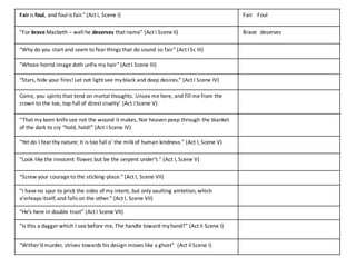 Fairis	
  foul,	
  and	
  foul	
  is	
  fair."	
  (Act	
  I,	
  Scene	
  I) Fair	
  	
  	
  	
  Foul
”For	
  brave Macbeth	
  – well	
  he	
  deserves that	
  name”	
  (Act I	
  Scene	
  II) Brave	
   deserves
“Why	
  do	
  you	
  start	
  and	
  seem	
  to	
  fear	
  things	
  that	
  do	
  sound	
  so	
  fair”	
  (Act	
  I	
  Sc III)
”Whose	
  horrid	
  image	
  doth	
  unfix	
  my	
  hair”	
  (Act	
  I	
  Scene	
  III)
“Stars,	
  hide	
  your	
  fires!	
  Let	
  not	
  light	
  see	
  my	
  black	
  and	
  deep	
  desires.”	
  (Act	
  I	
  Scene	
  IV)
Come,	
  you	
  spirits that	
  tend	
  on	
  mortal	
  thoughts.	
  Unsex	
  me	
  here,	
  and	
  fill	
  me	
  from	
  the	
  
crown	
  to	
  the	
  toe,	
  top-­‐full	
  of	
  direst	
  cruelty’	
  (Act	
  I	
  Scene	
  V)
“That	
  my	
  keen	
  knife	
  see	
  not	
  the	
  wound	
  it	
  makes,	
  Nor	
  heaven	
  peep	
  through	
  the	
  blanket	
  
of	
  the	
  dark	
  to	
  cry	
  “hold, hold!”	
  (Act	
  I	
  Scene	
  IV)
"Yet	
  do	
  I	
  fear	
  thy	
  nature;	
  It	
  is	
  too	
  full	
  o'	
  the	
  milk	
  of	
  human	
  kindness."	
  (Act	
  I,	
  Scene	
  V)
"Look	
  like	
  the	
  innocent	
  flower,	
  but	
  be	
  the	
  serpent	
  under't."	
  (Act	
  I,	
  Scene	
  V)
“Screw	
  your	
  courage	
  to	
  the	
  sticking-­‐place."	
  (Act	
  I,	
  Scene	
  VII)
"I	
  have	
  no	
  spur	
  to	
  prick	
  the	
  sides	
  of	
  my	
  intent,	
  but	
  only	
  vaulting	
  ambition,	
  which	
  
o'erleaps itself,	
  and	
  falls	
  on	
  the	
  other."	
  (Act	
  I,	
  Scene	
  VII)
“He’s	
  here	
  in	
  double	
  trust”	
  (Act	
  I	
  Scene	
  VII)
"Is	
  this	
  a	
  dagger	
  which	
  I	
  see	
  before	
  me,	
  The	
  handle	
  toward	
  my	
  hand?"	
  (Act	
  II	
  Scene	
  I)
“Wither’dmurder,	
  strives	
  towards	
  his	
  design	
  moves	
  like	
  a	
  ghost”	
  	
  (Act II	
  Scene	
  I)
 