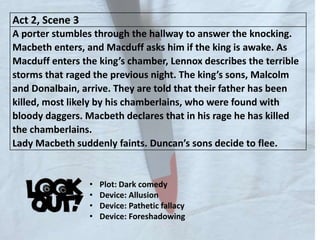 Act 2, Scene 3
A porter stumbles through the hallway to answer the knocking.
Macbeth enters, and Macduff asks him if the king is awake. As
Macduff enters the king’s chamber, Lennox describes the terrible
storms that raged the previous night. The king’s sons, Malcolm
and Donalbain, arrive. They are told that their father has been
killed, most likely by his chamberlains, who were found with
bloody daggers. Macbeth declares that in his rage he has killed
the chamberlains.
Lady Macbeth suddenly faints. Duncan’s sons decide to flee.
• Plot: Dark comedy
• Device: Allusion
• Device: Pathetic fallacy
• Device: Foreshadowing
 