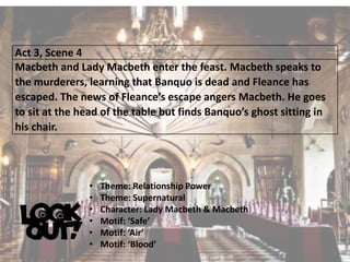 Act 3, Scene 4
Macbeth and Lady Macbeth enter the feast. Macbeth speaks to
the murderers, learning that Banquo is dead and Fleance has
escaped. The news of Fleance’s escape angers Macbeth. He goes
to sit at the head of the table but finds Banquo’s ghost sitting in
his chair.
• Theme: Relationship Power
• Theme: Supernatural
• Character: Lady Macbeth & Macbeth
• Motif: ‘Safe’
• Motif: ‘Air’
• Motif: ‘Blood’
 