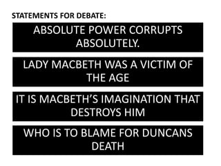 ABSOLUTE POWER CORRUPTS
ABSOLUTELY.
STATEMENTS FOR DEBATE:
LADY MACBETH WAS A VICTIM OF
THE AGE
IT IS MACBETH’S IMAGINATION THAT
DESTROYS HIM
WHO IS TO BLAME FOR DUNCANS
DEATH
 