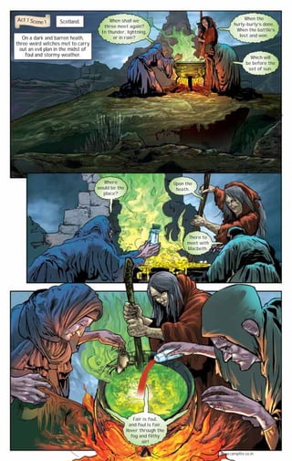 Act 1 Scene 1

Scotland.

On a dark and barren heath,
three weird witches met to carry
out an evil plan in the midst of
foul and stormy weather.

When the
hurly-burly’s done,
When the battle’s
lost and won.

When shall we
three meet again?
In thunder, lightning,
or in rain?

Which will
be before the
set of sun.

Where
would be the
place?

Upon the
heath.

There to
meet with
Macbeth.

Fair is foul,
and foul is fair,
Hover through the
fog and filthy
air!
www.campfire.co.in
CAMPFIRETM

 