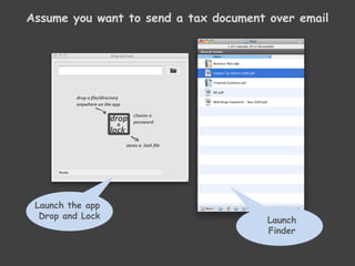 Assume you want to send a tax document over email




 Launch the app
  Drop and Lock                        Launch
                                       Finder
 