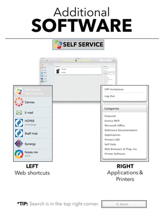 Additional
SOFTWARE
LEFT
Web shortcuts
RIGHT
Applications &
Printers
*TIP: Search is in the top right corner.
SELF SERVICE
 