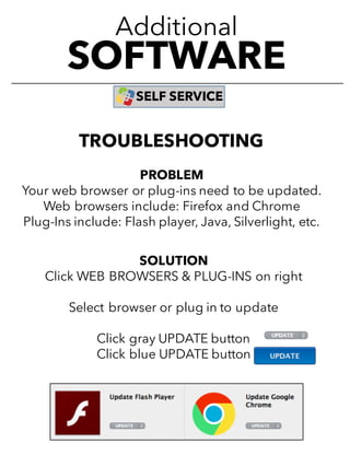 Additional
SOFTWARE
SELF SERVICE
TROUBLESHOOTING
PROBLEM
Your web browser or plug-ins need to be updated.
Web browsers include: Firefox and Chrome
Plug-Ins include: Flash player, Java, Silverlight, etc.
SOLUTION
Click WEB BROWSERS & PLUG-INS on right
Select browser or plug in to update
Click gray UPDATE button
Click blue UPDATE button
 