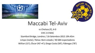 Maccabi Tel-Aviv
vs Chelsea (F), 4-0
CHE 2-0 MAC
Stamford Bridge, Londres / 16-Setembro-2015 19h:45m
Limpo (noite) / Relva: Bom estado / 40 684 espectadores
Willian (15’); Óscar (45’+4’); Diego Costa (58’); Fábregas (78’)
 