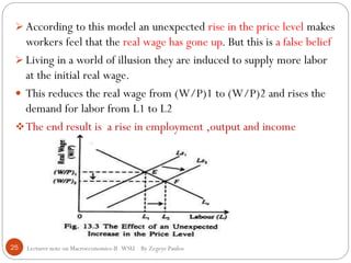 Lecturer note on Macroeconomics-II WSU By Zegeye Paulos
 According to this model an unexpected rise in the price level makes
workers feel that the real wage has gone up. But this is a false belief
 Living in a world of illusion they are induced to supply more labor
at the initial real wage.
 This reduces the real wage from (W/P)1 to (W/P)2 and rises the
demand for labor from L1 to L2
The end result is a rise in employment ,output and income
25
 