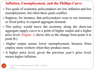 Inflation, Unemployment, and the Phillips Curve
Lecturer note on Macroeconomics-II WSU By Zegeye
Paulos
29
 Two goals of economic policymakers are low inflation and low
unemployment, but often these goals conflict.
 Suppose, for instance, that policymakers were to use monetary
or fiscal policy to expand aggregate demand.
 This policy would move the economy along the short-run
aggregate supply curve to a point of higher output and a higher
price level. (Figure -2 shows this as the change from point A to
point B.)
 Higher output means lower unemployment, because firms
employ more workers when they produce more.
 A higher price level, given the previous year’s price level,
means higher inflation.
 