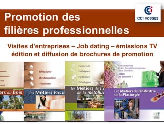 Promotion des
filières professionnelles
Visites d’entreprises – Job dating – émissions TV
 édition et diffusion de brochures de promotion
 