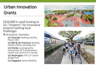 $250,000 in seed funding to
ULI “chapters” for innovative
projects tackling local
challenges
14 projects. Examples:
ULI Colorado: Building Healthy
Places TAPs
ULI NW & San Francisco: Building
Healthy Places exchange tour
ULI Florida: Leveraging the
Intersection of Transportation,
Health and Land Use in Florida
ULI Washington: The 11th Street
Bridge Park
ULI Singapore: Active Mobility
Urban Innovation
Grants
 