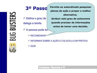 3º Passo – Autonomia Defina o grau de autonomia da pessoa para quem delega a tarefa. A pessoa pode ter Autonomia para: RECOMENDAR INFORMAR SOBRE A AÇÃO E COLOCÁ-LA EM PRÁTICA AGIR Permite ao subordinado pesquisar planos de ação e propor a melhor alternativa.  Atribuir este grau de autonomia quando precisar de informações antes de tomar uma decisão. 