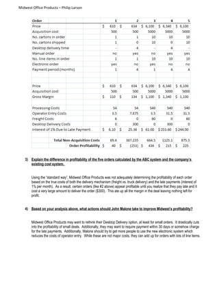 Midwest Office Products – Philip Larson
3) Explain the difference in profitability of the five orders calculated by the ABC system and the company’s
existing cost system.
Using the “standard way”, Midwest Office Products was not adequately determining the profitability of each order
based on the true costs of both the delivery mechanism (freight vs. truck delivery) and the late payments (interest of
1% per month). As a result, certain orders (like #2 above) appear profitable until you realize that they pay late and it
cost a very large amount to deliver the order ($300). This ate up all the margin in the deal leaving nothing left for
profit.
4) Based on your analysis above, what actions should John Malone take to improve Midwest’s profitability?
Midwest Office Products may want to rethink their Desktop Delivery option, at least for small orders. It drastically cuts
into the profitability of small deals. Additionally, they may want to require payment within 30 days or somehow charge
for the late payments. Additionally, Malone should try to get more people to use the new electronic system which
reduces the costs of operator entry. While these are not major costs, they can add up for orders with lots of line items.
 