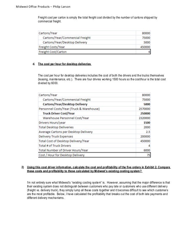 midwest office products case Midwest office products 1based on the interviews and data in the case, we calculated the following information(1)the cost of processing cartons through the facility: personnel expense (warehouse, truck drivers)2,570,000 ¡Ðcompensation for truck drivers ( 250,000) warehouse personnel expense $2,020,000 ¡Ïwarehouse expenses (excluding. midwest office products case Midwest office products 1based on the interviews and data in the case, we calculated the following information(1)the cost of processing cartons through the facility: personnel expense (warehouse, truck drivers)2,570,000 ¡Ðcompensation for truck drivers ( 250,000) warehouse personnel expense $2,020,000 ¡Ïwarehouse expenses (excluding.