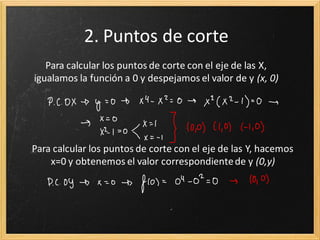 2. Puntos de corte
Para calcular los puntos de corte con el eje de las X,
igualamos la función a 0 y despejamos el valor de y (x, 0)

Para calcular los puntos de corte con el eje de las Y, hacemos
x=0 y obtenemos el valor correspondiente de y (0,y)

 