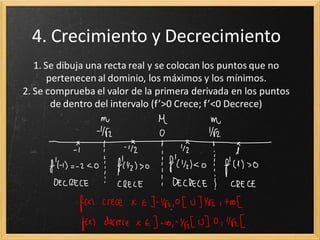 4. Crecimiento y Decrecimiento
1. Se dibuja una recta real y se colocan los puntos que no
pertenecen al dominio, los máximos y los mínimos.
2. Se comprueba el valor de la primera derivada en los puntos
de dentro del intervalo (f’>0 Crece; f’<0 Decrece)

 