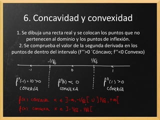 6. Concavidad y convexidad
1. Se dibuja una recta real y se colocan los puntos que no
pertenecen al dominio y los puntos de inflexión.
2. Se comprueba el valor de la segunda derivada en los
puntos de dentro del intervalo (f’’>0 ´Cóncavo; f’’<0 Convexo)

 