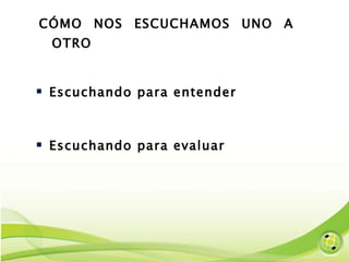 CÓMO NOS ESCUCHAMOS UNO A OTRO  Escuchando para entender Escuchando para evaluar 
