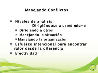 Manejando Conflictos Niveles de análisis  Dirigiéndose  a usted mismo Dirigiendo a otros  Manejando la situación Manejando la organización Esfuerzo intencional para encontrar valor desde la diferencia Efectividad 
