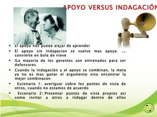 APOYO VERSUS INDAGACIÓN  El apoyo nos puede alejar de aprender El apoyo sin indagacion se vuelve mas apoyo: se convierte en bola de nieve lLa mayoria de los gerentes son entrenados para ser defensores Cuando la indagación y el apoyo se combinan, la meta ya no es mas ganar el argumento sino encontrar la mejor combinacon Escenario 1: averiguar sobre los puntos de vista de otros, cuando no estamos de acuerdo Escenario 2: Presentar puntos de vista propios asi como invitar a otros a indagar dentro de ellos 