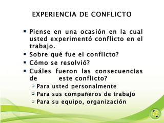 EXPERIENCIA DE CONFLICTO Piense en una ocasión en la cual usted experimentó conflicto en el trabajo. Sobre qué fue el conflicto? Cómo se resolvió? Cuáles fueron las consecuencias de  este conflicto? Para usted personalmente Para sus compañeros de trabajo Para su equipo, organización 