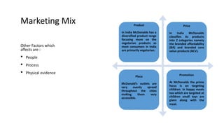 Marketing Mix
Other Factors which
affects are :
• People
• Process
• Physical evidence
Product
In India McDonalds has a
diversified product range
focusing more on the
vegetarian products as
most consumers in India
are primarily vegetarian.
Price
In India McDonalds
classifies its products
into 2 categories namely
the branded affordability
(BA) and branded core
value products (BCV).
Place
McDonald’s outlets are
very evenly spread
throughout the cities
making them very
accessible.
.
Promotion
At McDonalds the prime
focus is on targeting
children. In happy meals
too which are targeted at
children small toys are
given along with the
meal.
 